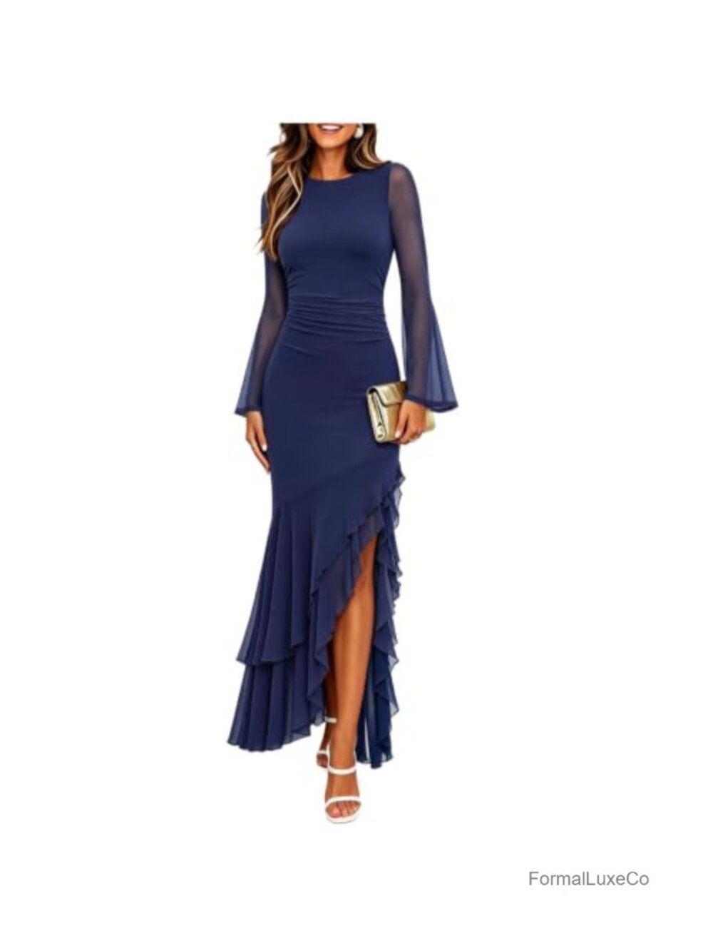 Women's Ruched Bodycon Mesh Maxi Dress Long Sleeve Mermaid Formal